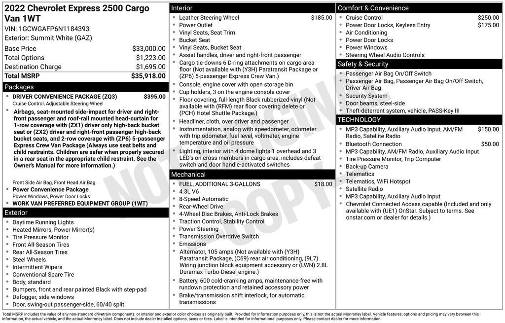 2022 Chevrolet Express Cargo 2500 RWD 2500 Regular Wheelbase WT