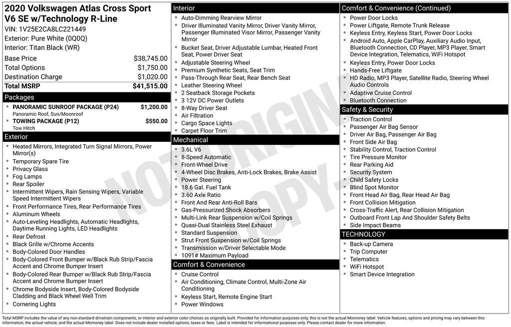 2020 Volkswagen Atlas Cross Sport 3.6L V6 SE w/Technology