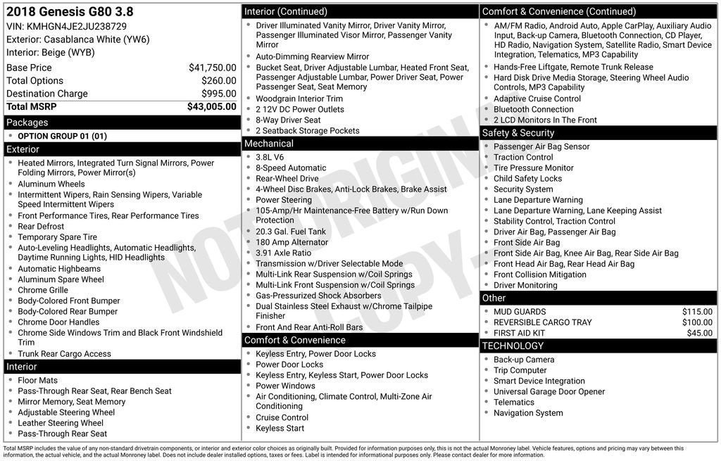 2018 Genesis G80 3.8L