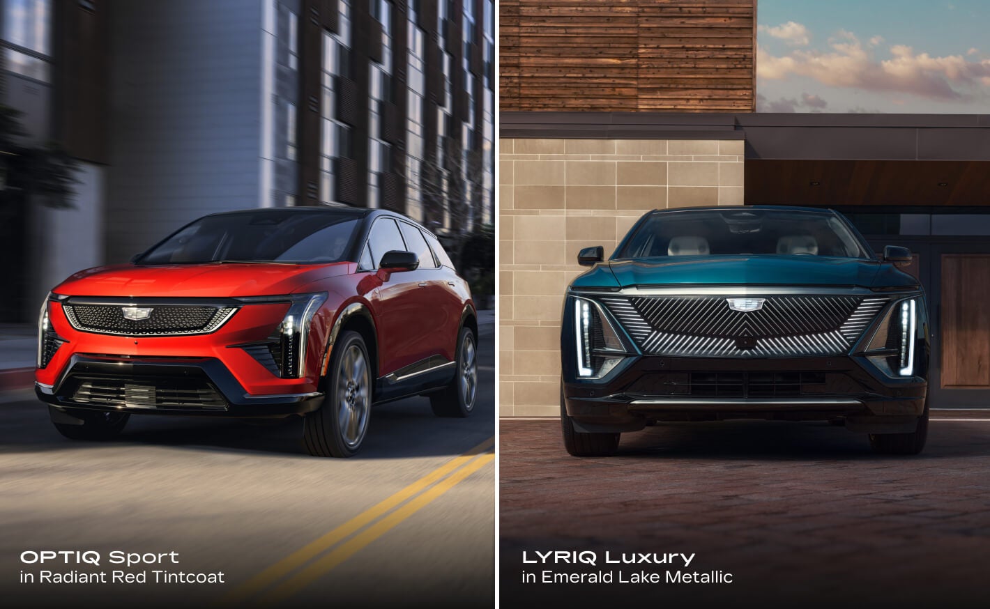 Cadillac OPTIQ Sport in Radiant Red Tintcoat Vs. Cadillac LYRIQ Luxury in Emerald Lake Metallic